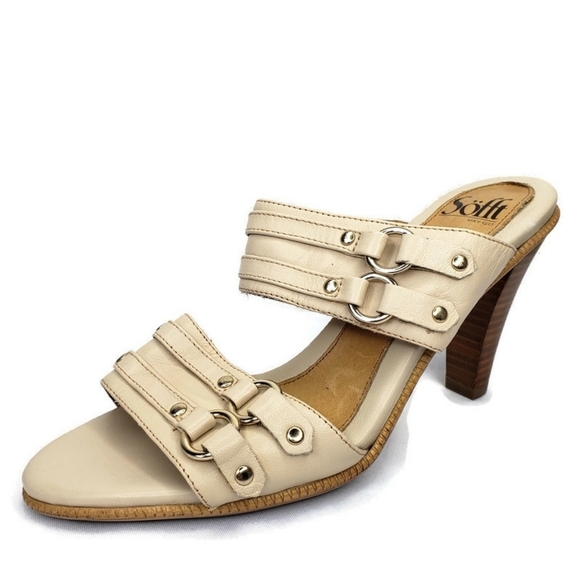 SOFFT Beige Leather Slides High Heels Slip On Sand - Picture 1 of 12